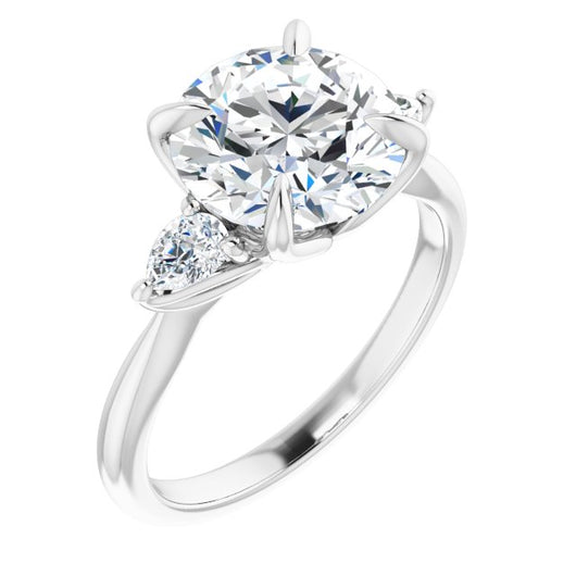 10K White Gold Customizable 3-stone Design with Round Cut Center and Dual Large Pear Side Stones