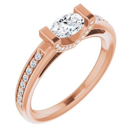 10K Rose Gold Customizable Cathedral-Bar Oval Cut Design featuring Shared Prong Band and Prong Accents