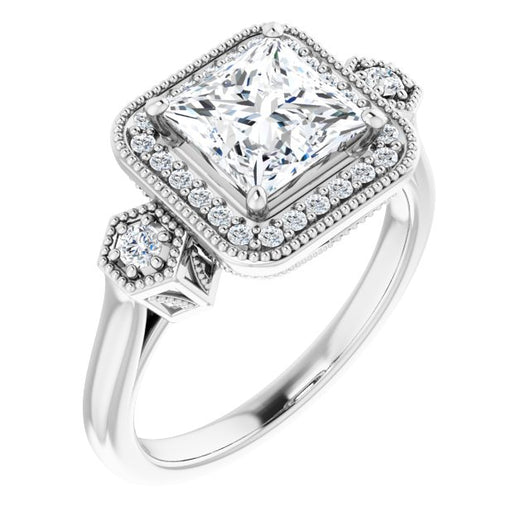 10K White Gold Customizable Cathedral Princess/Square Cut Design with Halo and Delicate Milgrain