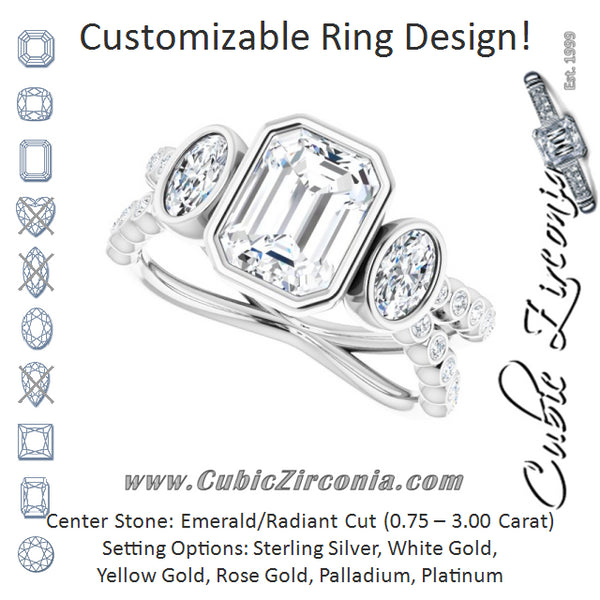 Cubic Zirconia Engagement Ring- The Tamanna (Customizable Bezel-set Emerald Cut Design with Dual Bezel-Oval Accents and Round-Bezel Accented Split Band)