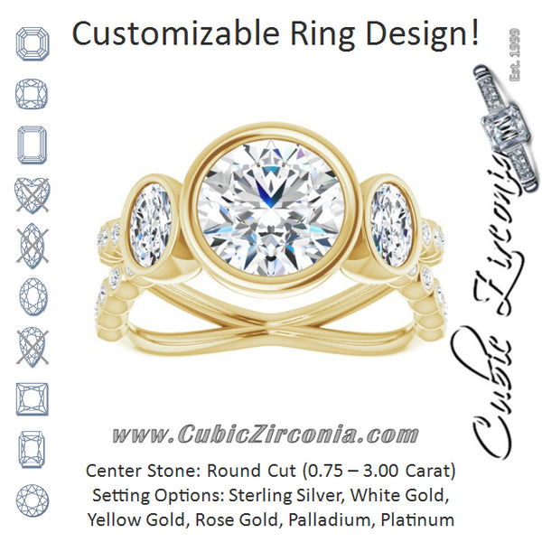 Cubic Zirconia Engagement Ring- The Tamanna (Customizable Bezel-set Round Cut Design with Dual Bezel-Oval Accents and Round-Bezel Accented Split Band)