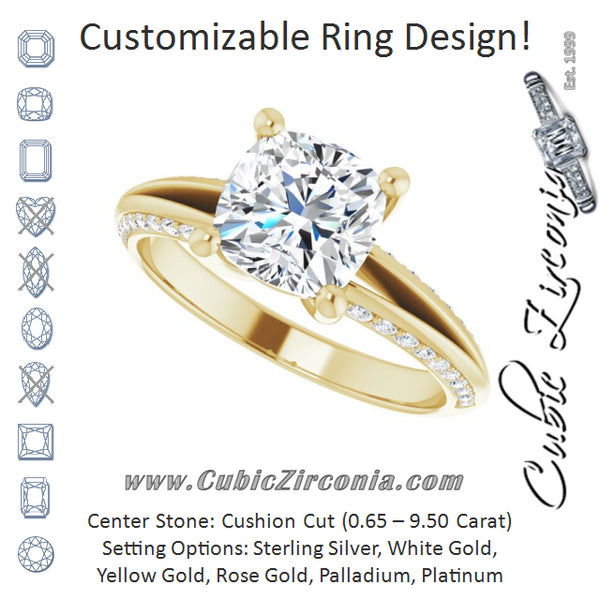 Cubic Zirconia Engagement Ring- The Apryl (Customizable Cushion Cut Center with 4-sided-Accents Knife-Edged Split-Band)