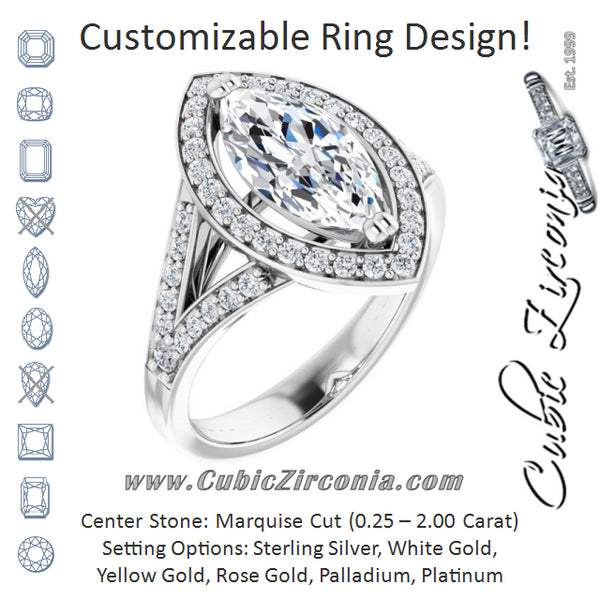 Cubic Zirconia Engagement Ring- The Aryanna (Customizable Cathedral-set Marquise Cut Style with Accented Split Band and Halo)