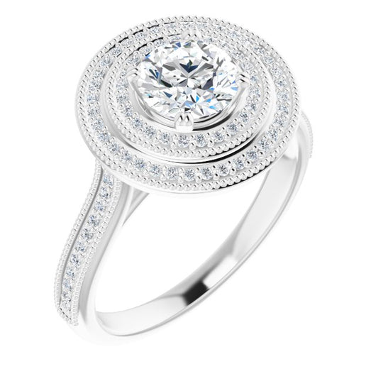 10K White Gold Customizable Round Cut Design with Elegant Double Halo, Houndstooth Milgrain and Band-Channel Accents