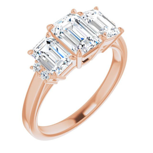 10K Rose Gold Customizable Triple Emerald/Radiant Cut Design with Quad Vertical-Oriented Round Accents