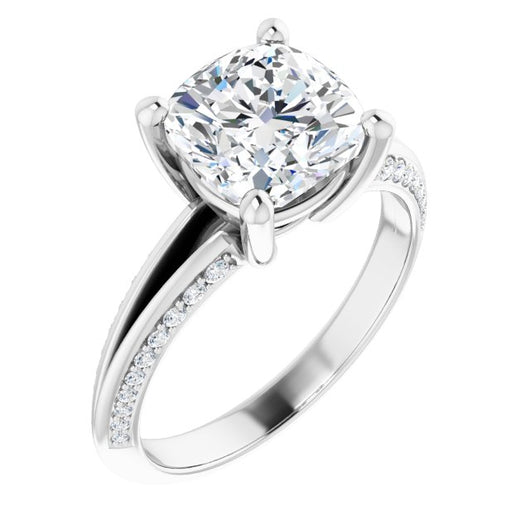 10K White Gold Customizable Cushion Cut Center with 4-sided-Accents Knife-Edged Split-Band