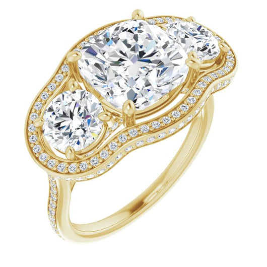 10K Yellow Gold Customizable 3-stone Cushion Cut Design with Multi-Halo Enhancement and 150+-stone Pavé Band