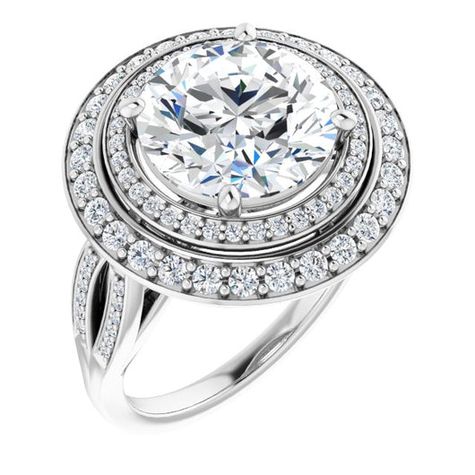 10K White Gold Customizable Cathedral-style Round Cut Design with Double Halo & Split-Pavé Band