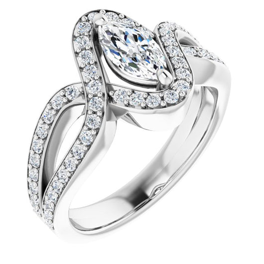 10K White Gold Customizable Marquise Cut Center with Infinity-inspired Split Shared Prong Band and Bypass Halo