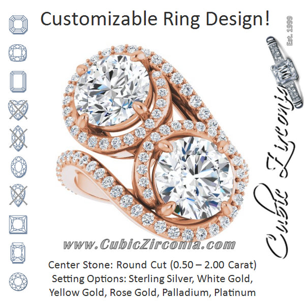 Cubic Zirconia Engagement Ring- The Anushka (Customizable Double Round Cut 2-Stone Style Enhanced with Accented Artisan Bypass Band)