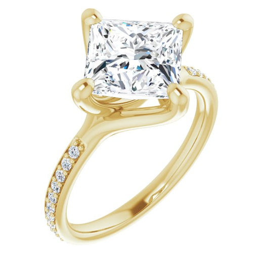 10K Yellow Gold Customizable Princess/Square Cut Design featuring Thin Band and Shared-Prong Round Accents