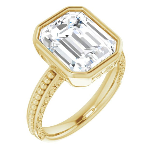 10K Yellow Gold Customizable Bezel-set Emerald/Radiant Cut Solitaire with Beaded and Carved Three-sided Band