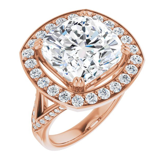 10K Rose Gold Customizable Cushion Cut Center with Large-Accented Halo and Split Shared Prong Band