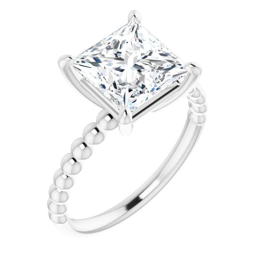 10K White Gold Customizable [[Cut] Cut Solitaire with Thin Beaded-Bubble Band