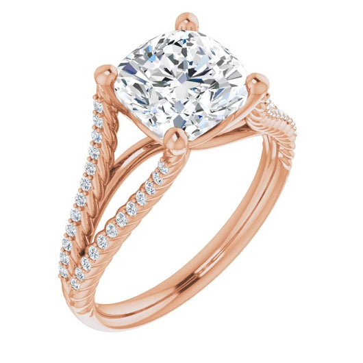 10K Rose Gold Customizable Cushion Cut Style with Split Band and Rope-Pavé