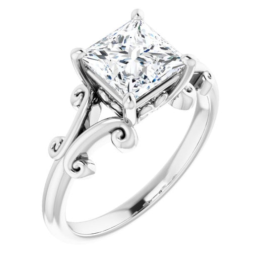 10K White Gold Customizable Princess/Square Cut Solitaire with Band Flourish and Decorative Trellis