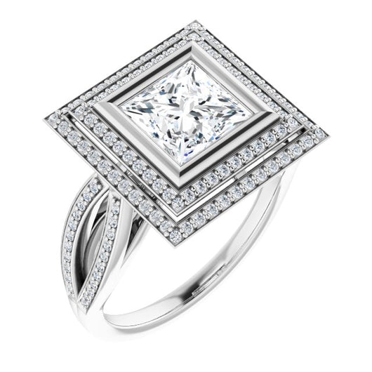 10K White Gold Customizable Bezel-set Princess/Square Cut Style with Double Halo and Split Shared Prong Band