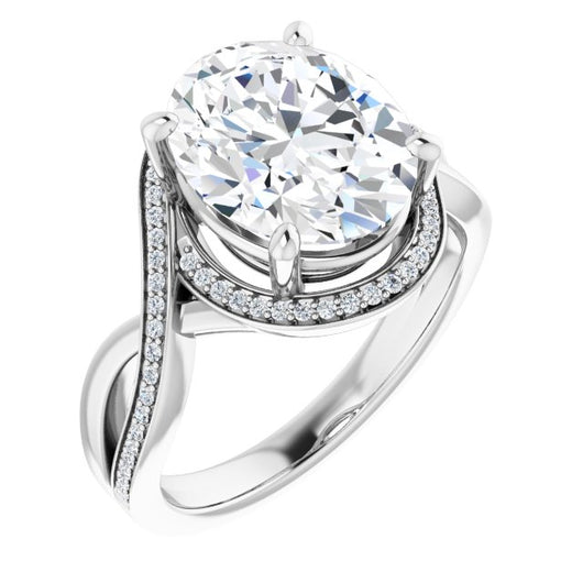 10K White Gold Customizable Bypass-Halo-Accented Oval Cut Center with Twisting Split Shared Prong Band