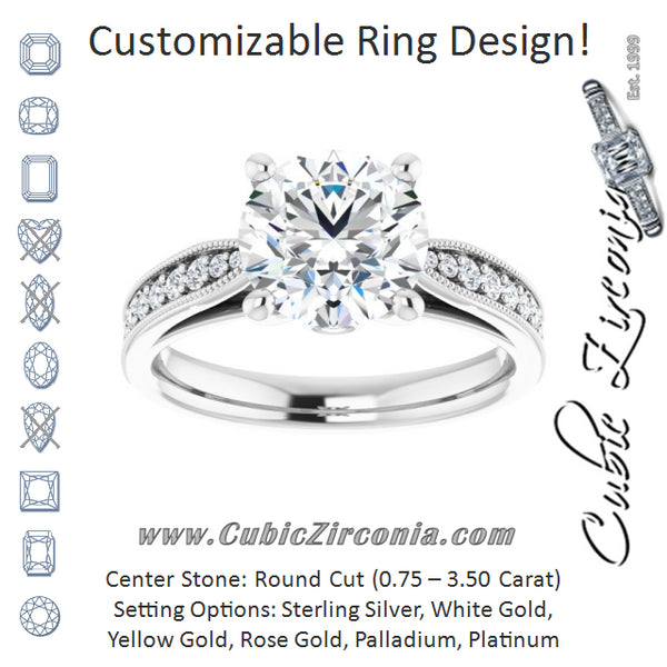 Cubic Zirconia Engagement Ring- The Carli Love (Customizable Round Cut Style featuring Milgrained Shared Prong Band & Dual Peekaboos)