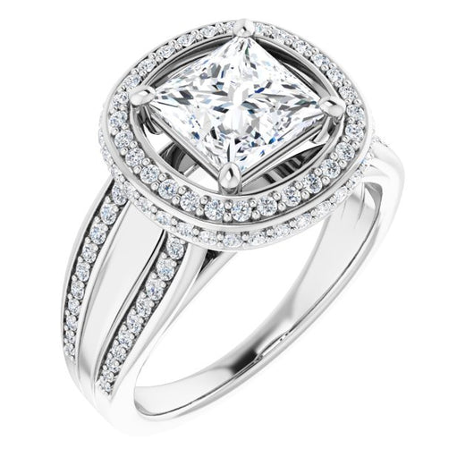 10K White Gold Customizable Halo-style Princess/Square Cut with Under-halo & Ultra-wide Band