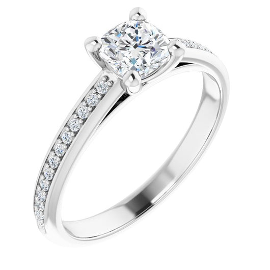 10K White Gold Customizable Cathedral-set Cushion Cut Style with Shared Prong Band