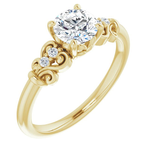 10K Yellow Gold Customizable Vintage 5-stone Design with Round Cut Center and Artistic Band Décor