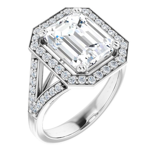 10K White Gold Customizable Cathedral-set Emerald/Radiant Cut Style with Accented Split Band and Halo