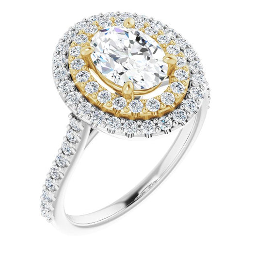 14K White & Yellow Gold Customizable Double-Halo Oval Cut Design with Accented Split Band