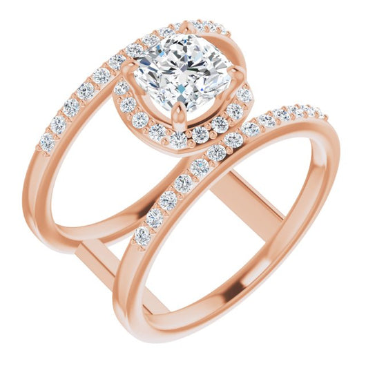 10K Rose Gold Customizable Cushion Cut Halo Design with Open, Ultrawide Harness Double Pavé Band