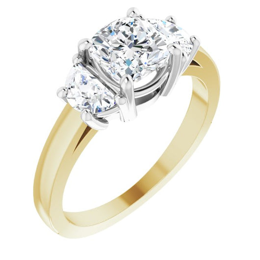 14K Yellow & White Gold Customizable 3-stone Design with Cushion Cut Center and Half-moon Side Stones