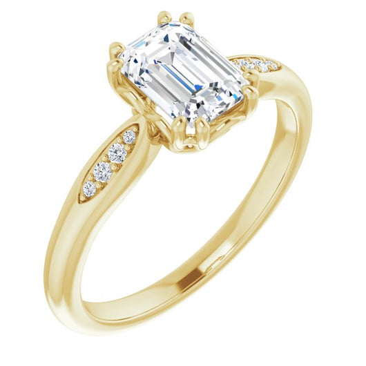 10K Yellow Gold Customizable 9-stone Emerald/Radiant Cut Design with 8-prong Decorative Basket & Round Cut Side Stones