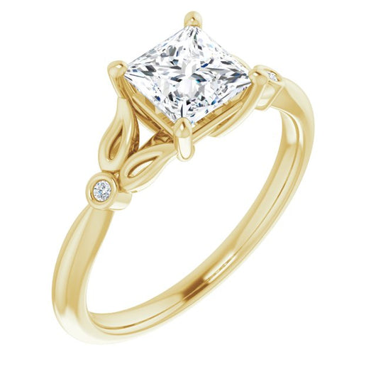 10K Yellow Gold Customizable 3-stone Princess/Square Cut Design with Thin Band and Twin Round Bezel Side Stones