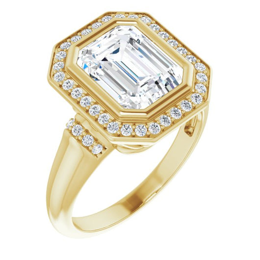 10K Yellow Gold Customizable Bezel-set Emerald/Radiant Cut Design with Halo and Vertical Round Channel Accents