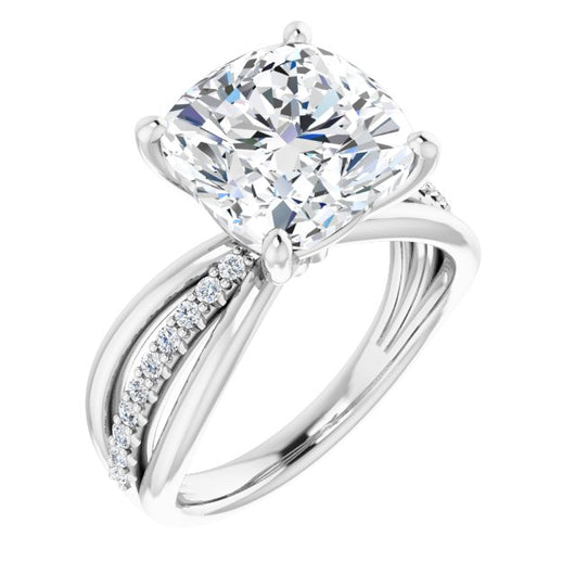 10K White Gold Customizable Cushion Cut Design with Tri-Split Accented Band