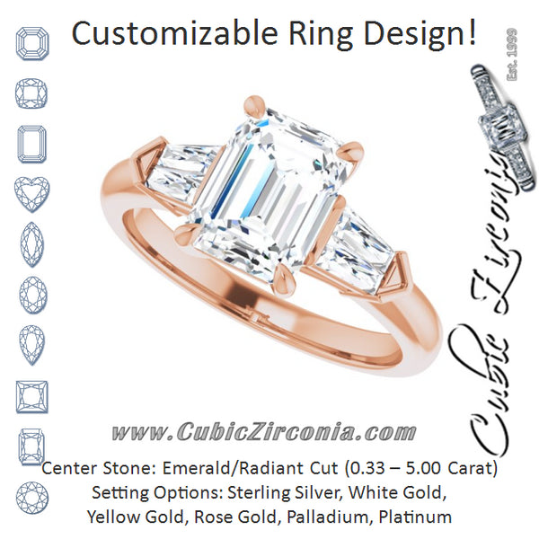 Cubic Zirconia Engagement Ring- The Fortunada (Customizable 5-stone Design with Emerald Cut Center and Quad Baguettes)