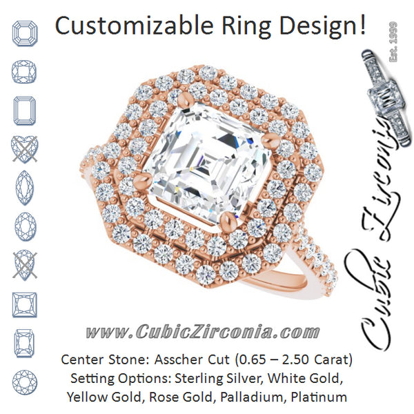 Cubic Zirconia Engagement Ring- The Danielle (Customizable Double-Halo Asscher Cut Design with Accented Split Band)