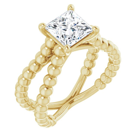 10K Yellow Gold Customizable Princess/Square Cut Solitaire with Wide Beaded Split-Band