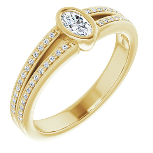 10K Yellow Gold Customizable Bezel-set Oval Cut Design with Split Shared Prong Band