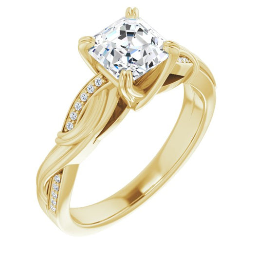 10K Yellow Gold Customizable Cathedral-raised Asscher Cut Design featuring Rope-Braided Half-Pavé Band