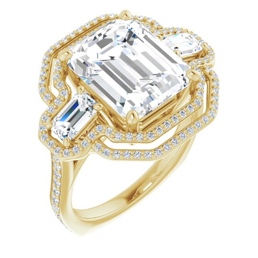 10K Yellow Gold Customizable Enhanced 3-stone Style with Emerald/Radiant Cut Center, Emerald Cut Accents, Double Halo and Thin Shared Prong Band