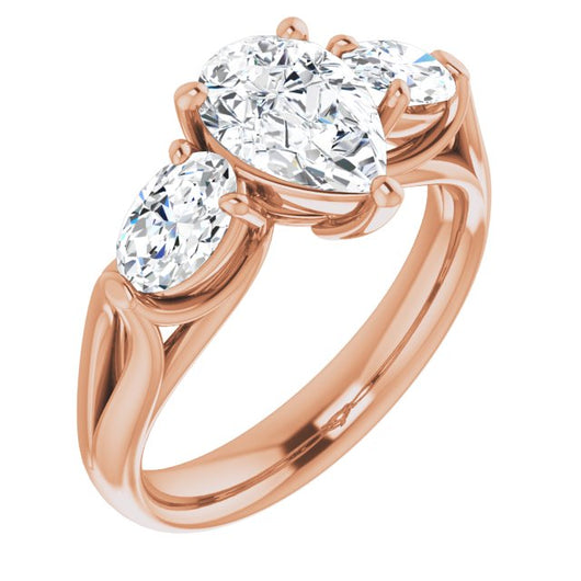 10K Rose Gold Customizable Cathedral-set 3-stone Pear Cut Style with Dual Oval Cut Accents & Wide Split Band