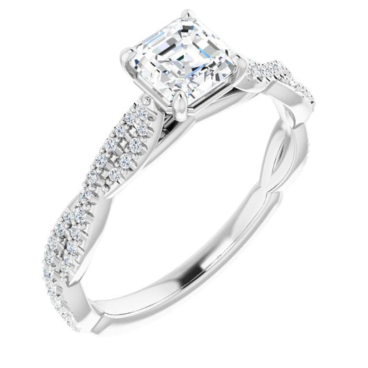 10K White Gold Customizable Asscher Cut Style with Thin and Twisted Micropavé Band