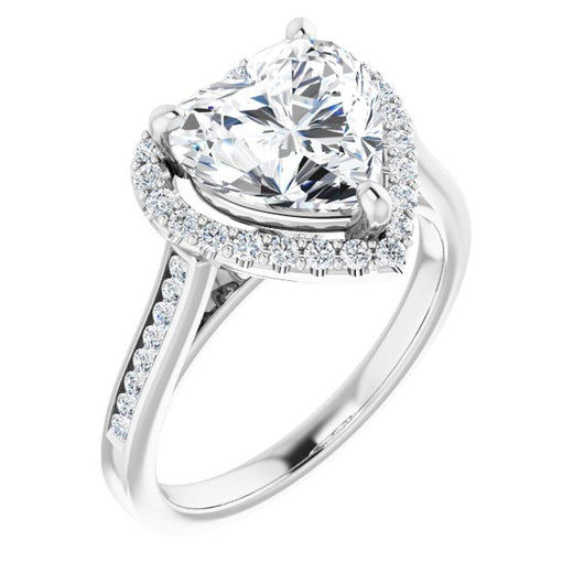 10K White Gold Customizable Heart Cut Design with Halo, Round Channel Band and Floating Peekaboo Accents