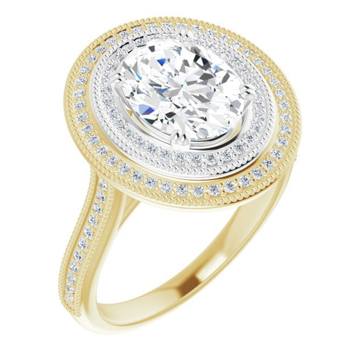 14K Yellow & White Gold Customizable Oval Cut Design with Elegant Double Halo, Houndstooth Milgrain and Band-Channel Accents