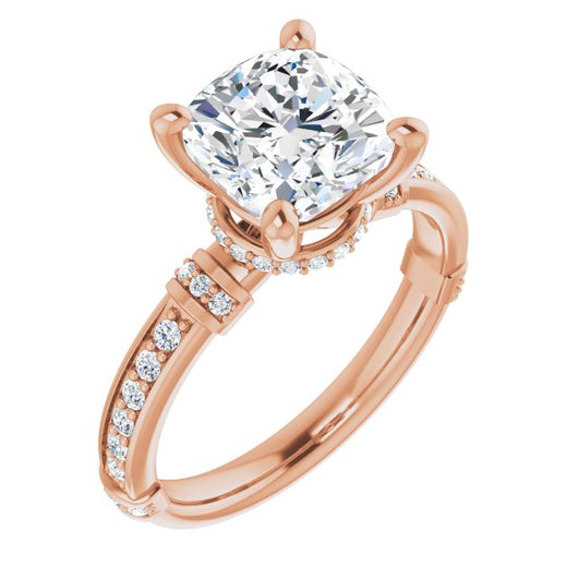 10K Rose Gold Customizable Cushion Cut Style featuring Under-Halo, Shared Prong and Quad Horizontal Band Accents