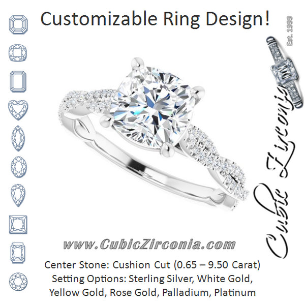 Cubic Zirconia Engagement Ring- The Alelli (Customizable Cushion Cut Style with Thin and Twisted Micropavé Band)