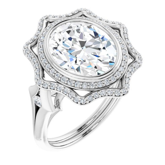 10K White Gold Customizable Cathedral-bezel Oval Cut Design with Floral Double Halo and Channel-Accented Split Band