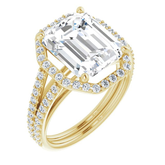 10K Yellow Gold Customizable Cathedral Emerald/Radiant Cut Design with Geometric Halo & Split Pavé Band