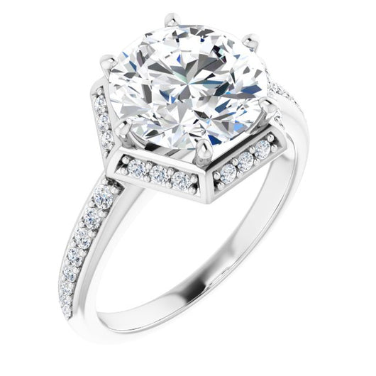 10K White Gold Customizable Round Cut Design with Geometric Under-Halo and Shared Prong Band