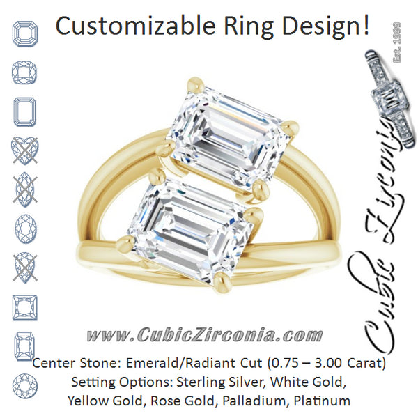 Cubic Zirconia Engagement Ring- The Melaine (Customizable Two Stone Double Emerald Cut Design with Split Bypass Band)